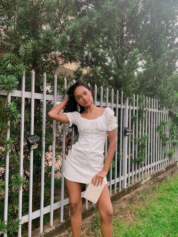 Broderie Boulevard Laceup Milkmaid Denim Dress
